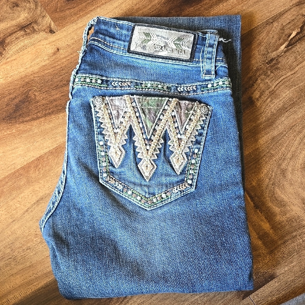 Grace in LA Blue Boot Cut Jeans with Intricate Pocket Design
